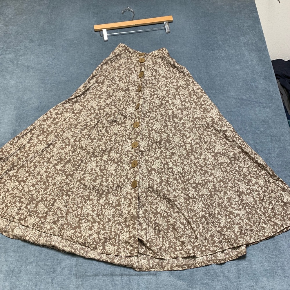 Honors A Line Maxi Skirt Womens 3/4 Brown Floral Elastic Waist Button Front